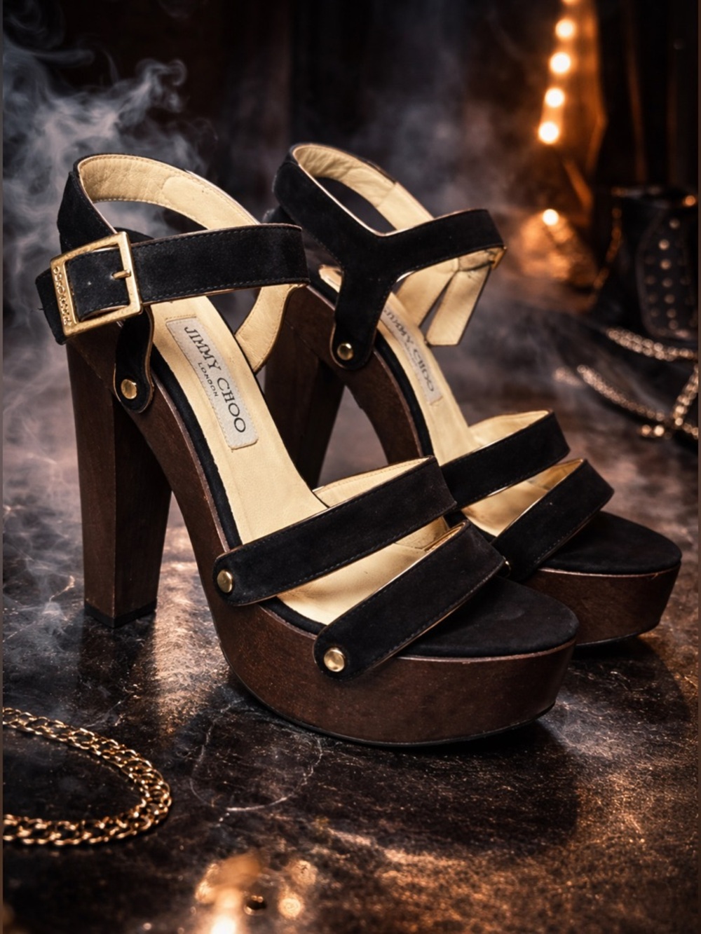 Jimmy Choo Black Suede and Wood Platform Heels